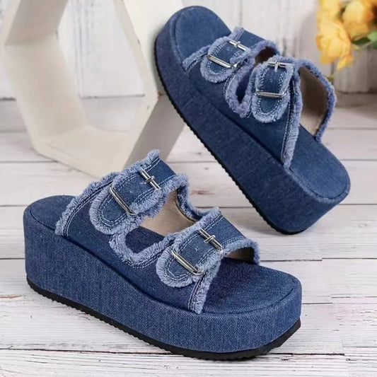 Fashionable denim buckle wedge flip flops for summer