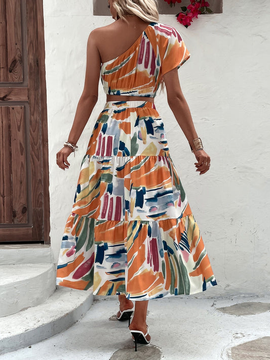 Conjunto de 2 piezas con falda ancha larga y blusa de 1 manga