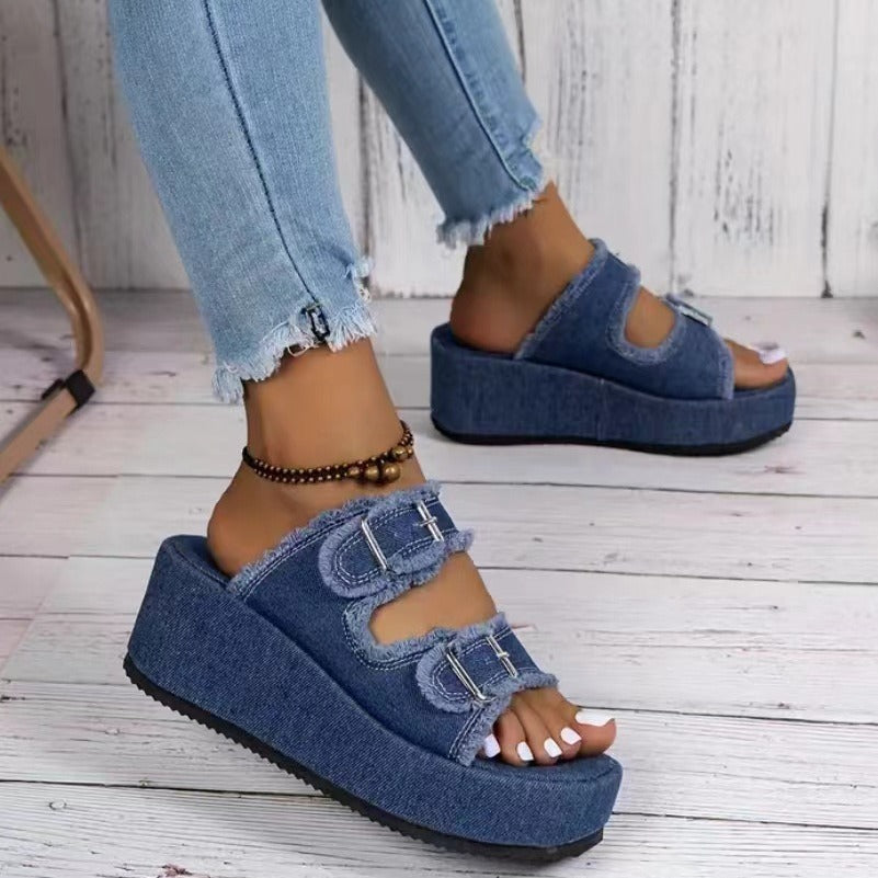 Fashionable denim buckle wedge flip flops for summer