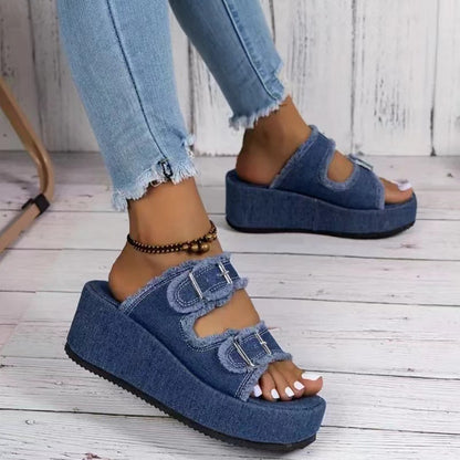 Fashionable denim buckle wedge flip flops for summer