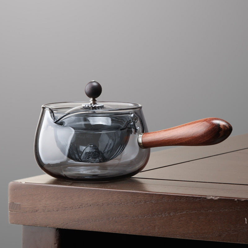 Durable glass tea pot with infuser and wooden handle