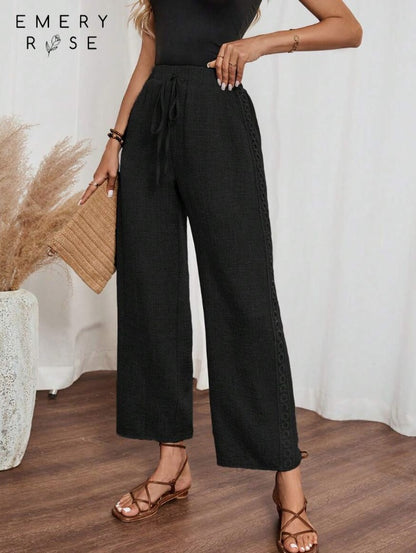 Pantalones largos casuales con efecto de mezclilla lisa y encaje lateral para mujer