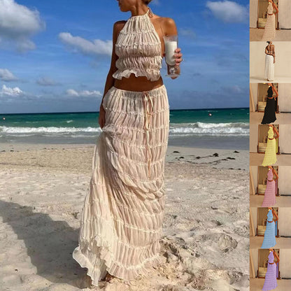 Conjunto de 2 piezas sin mangas con espalda descubierta, top corto con cuello halter