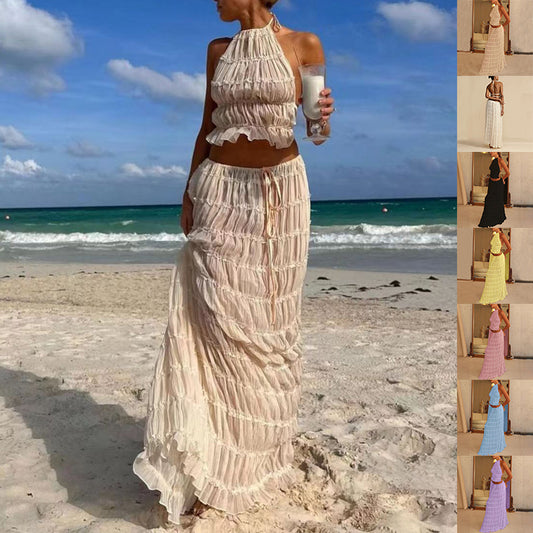 Conjunto de 2 piezas sin mangas con espalda descubierta, top corto con cuello halter