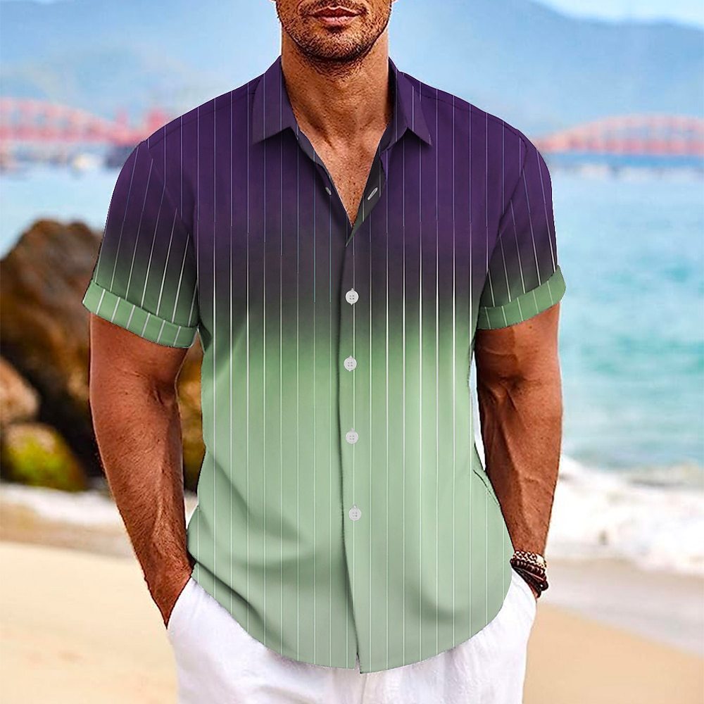 Camisa de manga corta con botones de solapa y estampado de rayas degradadas para hombre