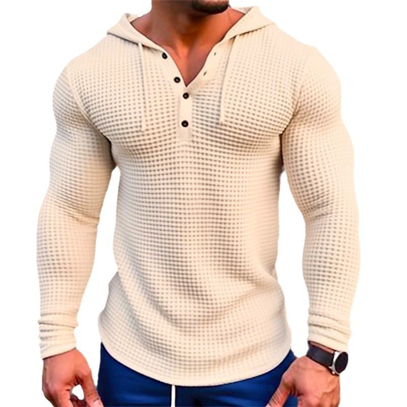 Men's Casual Long Sleeve Waffle Style Slim Fit Solid Color T-Shirt