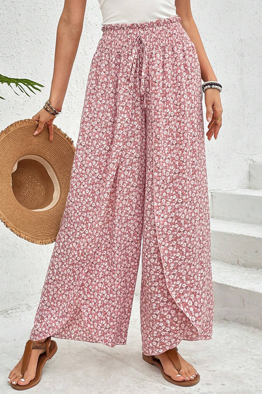 Pantalones de cintura alta con abertura y pierna ancha con estampado bohemio rosa