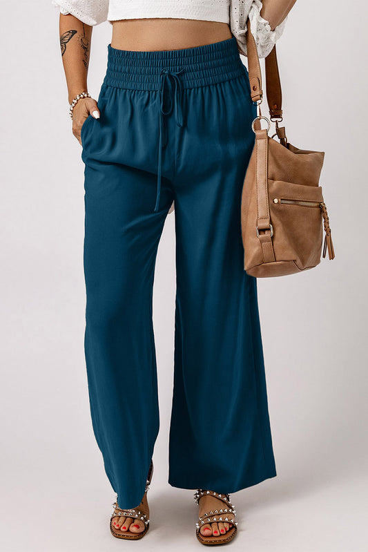 Pantalones anchos casuales con cintura elástica y cordón azul