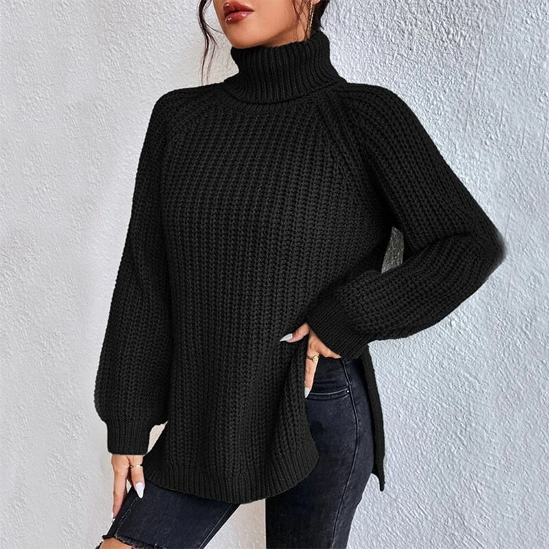 Suéter de cuello alto con diseño dividido color sólido y manga larga