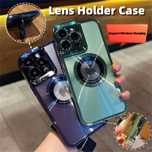 Funda de teléfono galvanizada con diseño de CD y soporte Magsafe con ventosa magnética para cámara y lente