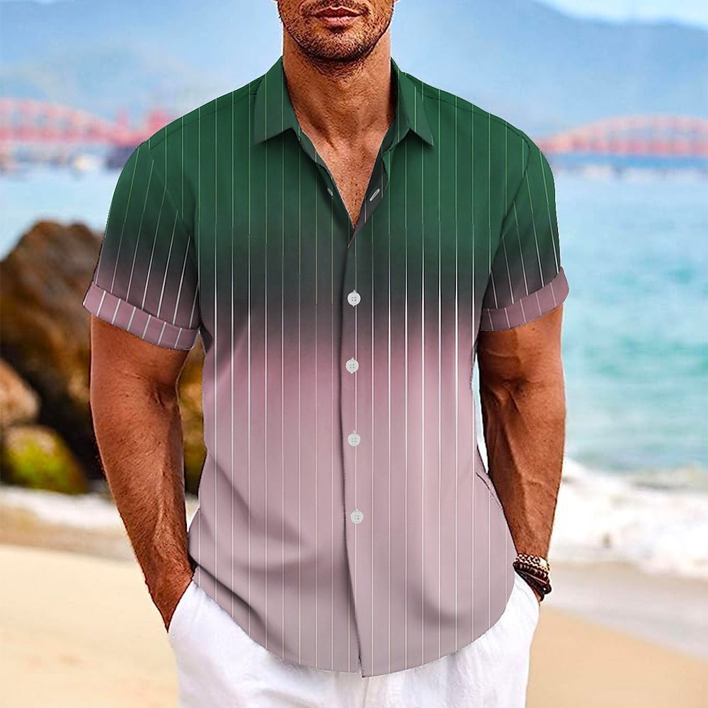 Camisa de manga corta con botones de solapa y estampado de rayas degradadas para hombre