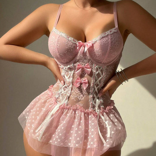 Lencería sexy de una pieza con lazo de malla transparente y realce de aro de acero
