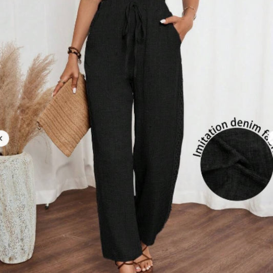 Pantalones largos casuales con efecto de mezclilla lisa y encaje lateral para mujer