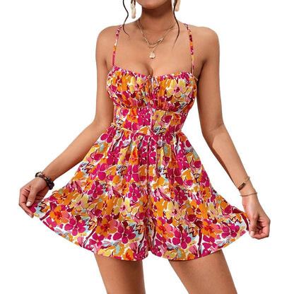 Short summer dress with floral print and lace-up back
