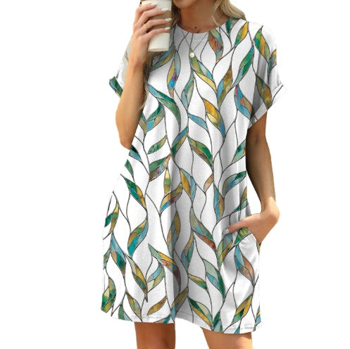 Vestido holgado de cuello redondo y manga corta estampado con bolsillos
