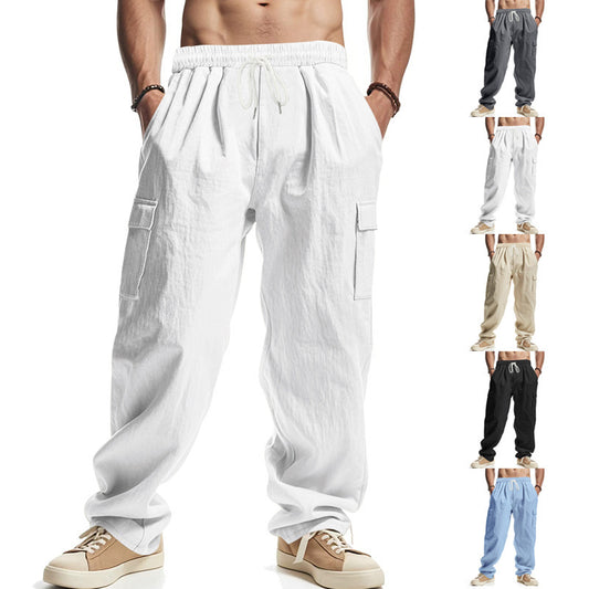 Men's straight-leg multi-pocket linen trousers