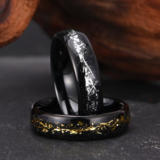 Anillo de acero de tungsteno negro con borde de alambre plateado