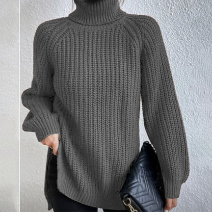 Suéter de cuello alto con diseño dividido color sólido y manga larga