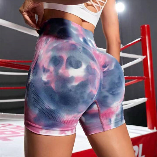 Pantalones cortos de yoga tie-dye con elevación de cadera sin costuras