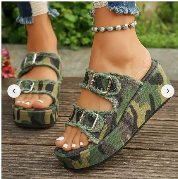 Fashionable denim buckle wedge flip flops for summer