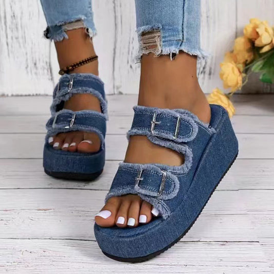 Fashionable denim buckle wedge flip flops for summer