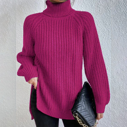 Suéter de cuello alto con diseño dividido color sólido y manga larga