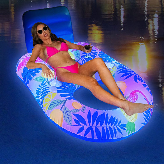 Luminous Inflatable Floating Bed with Backrest Ring and LED Light Recliner Seat for Pool and Beach