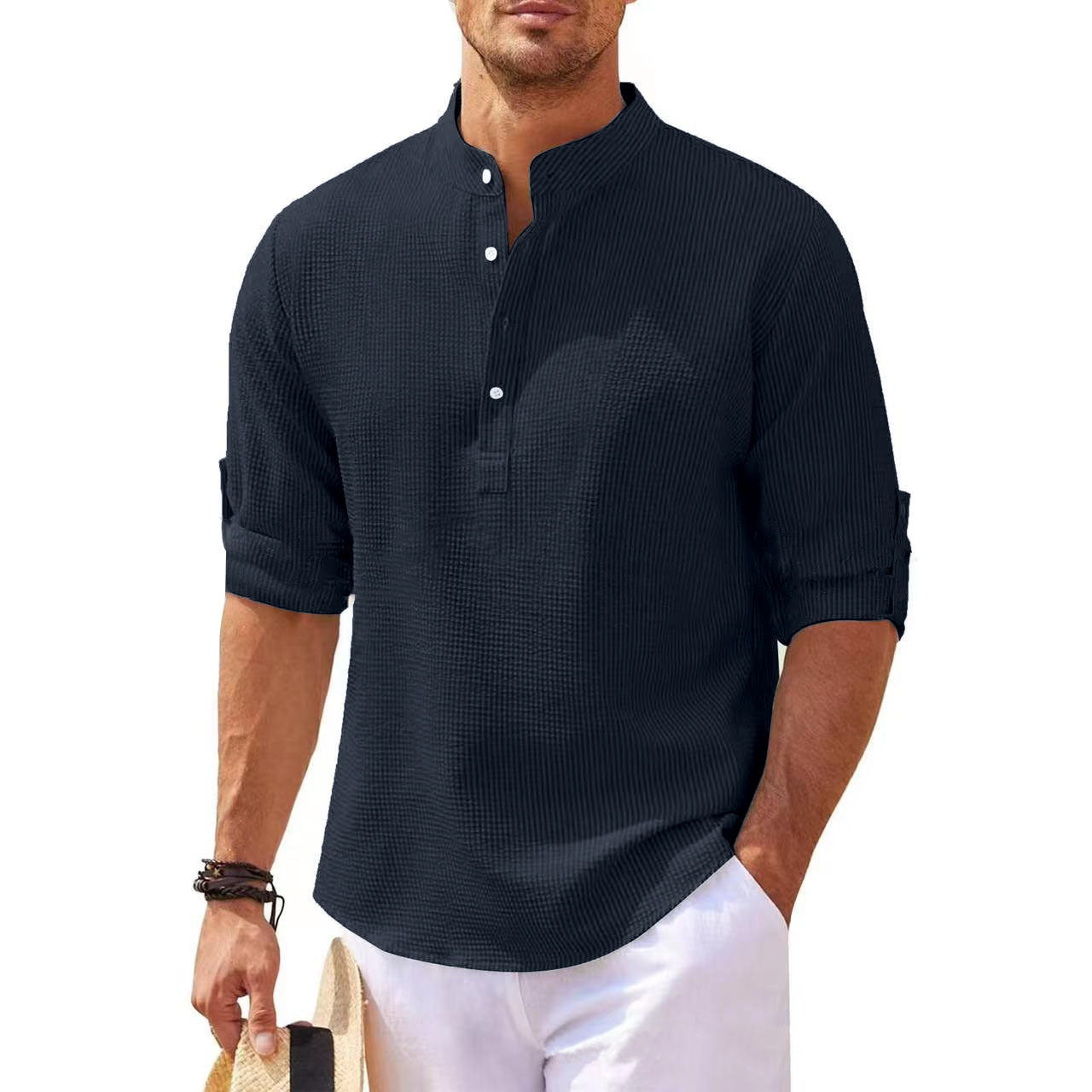 Men's Casual Summer Pineapple Textured Button-Down Stand-Up Collar Shirt