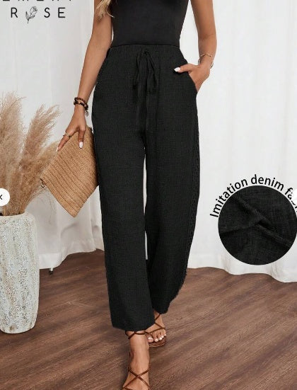 Pantalones largos casuales con efecto de mezclilla lisa y encaje lateral para mujer