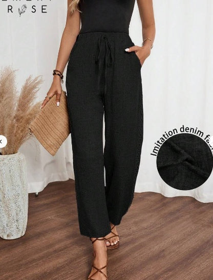 Pantalones largos casuales con efecto de mezclilla lisa y encaje lateral para mujer