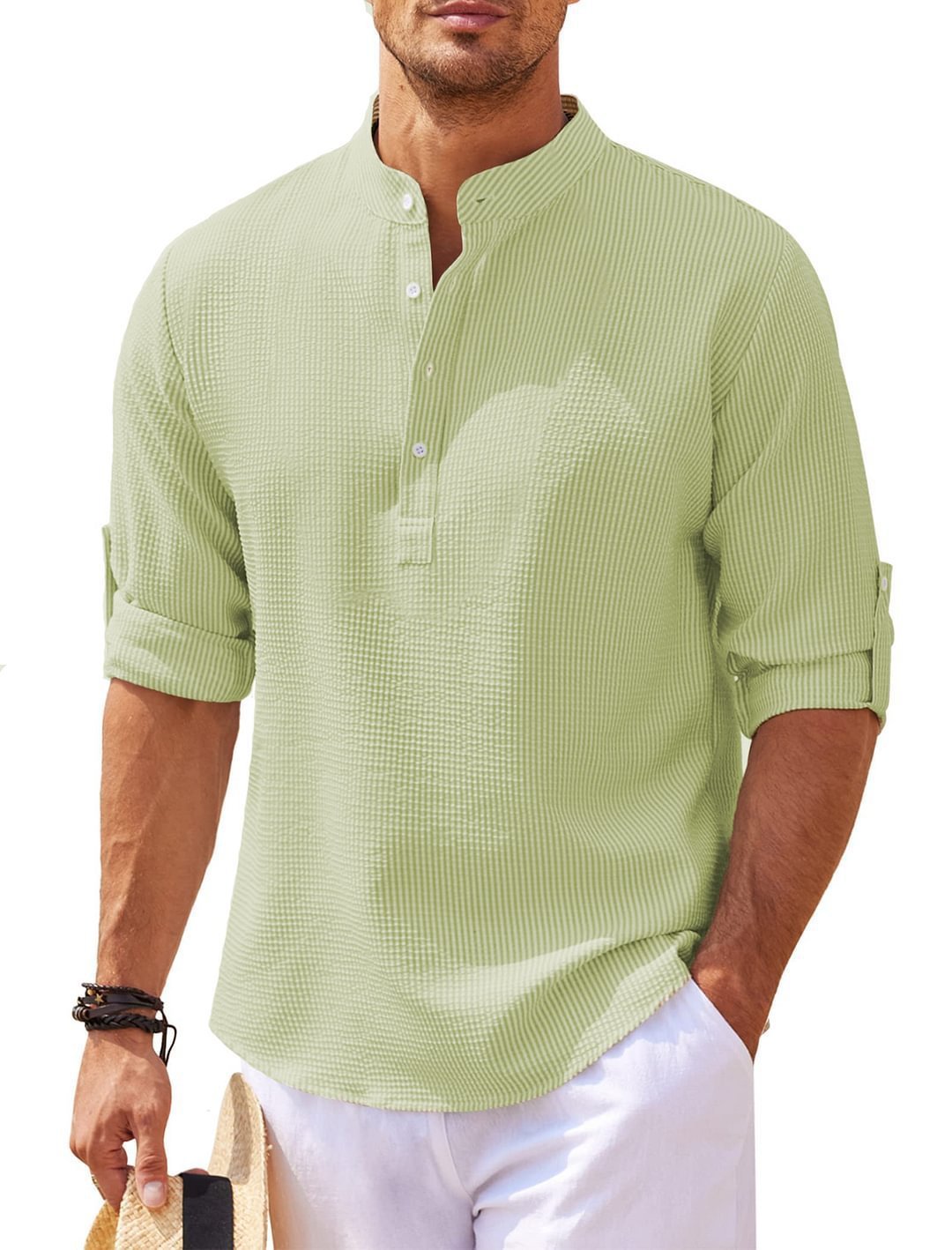 Men's Casual Summer Pineapple Textured Button-Down Stand-Up Collar Shirt