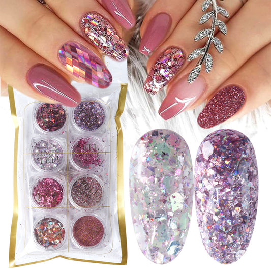 Set of 8 glitter powder flakes for nail art decoration