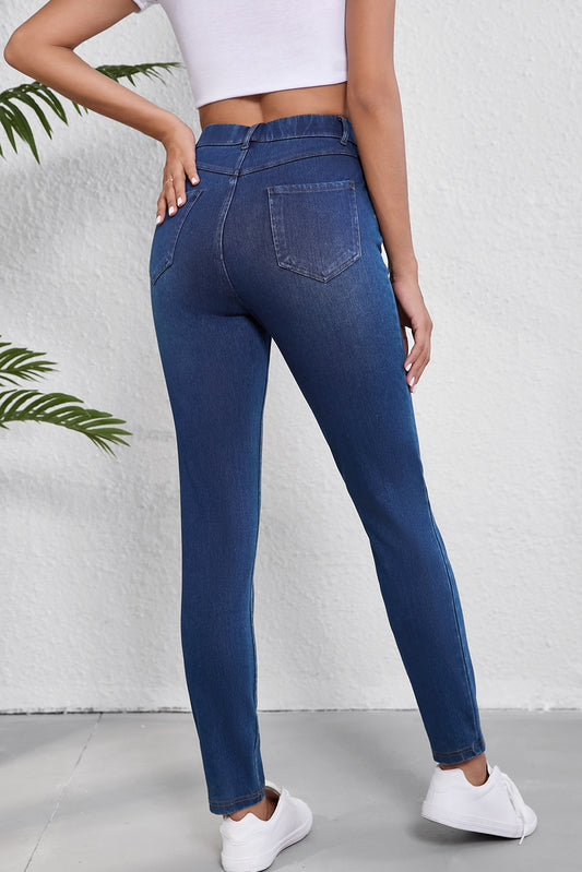 Pantalon de tejido elástico lavado con pierna recta y múltiples bolsillos en azul