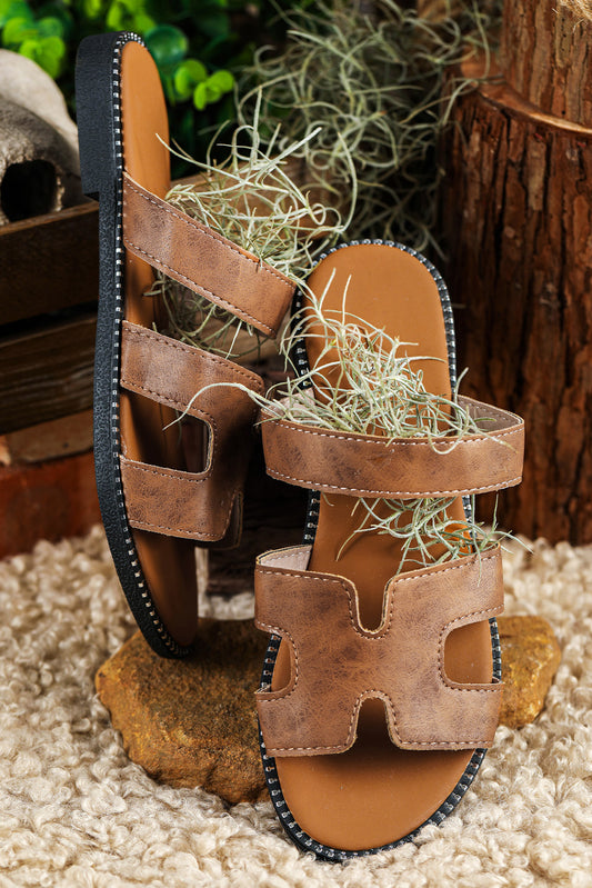 Brown faux leather flip flops with H-shaped cutout band