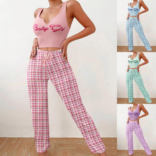Pijama de primavera y verano para mujer estampado de letras 2 piezas