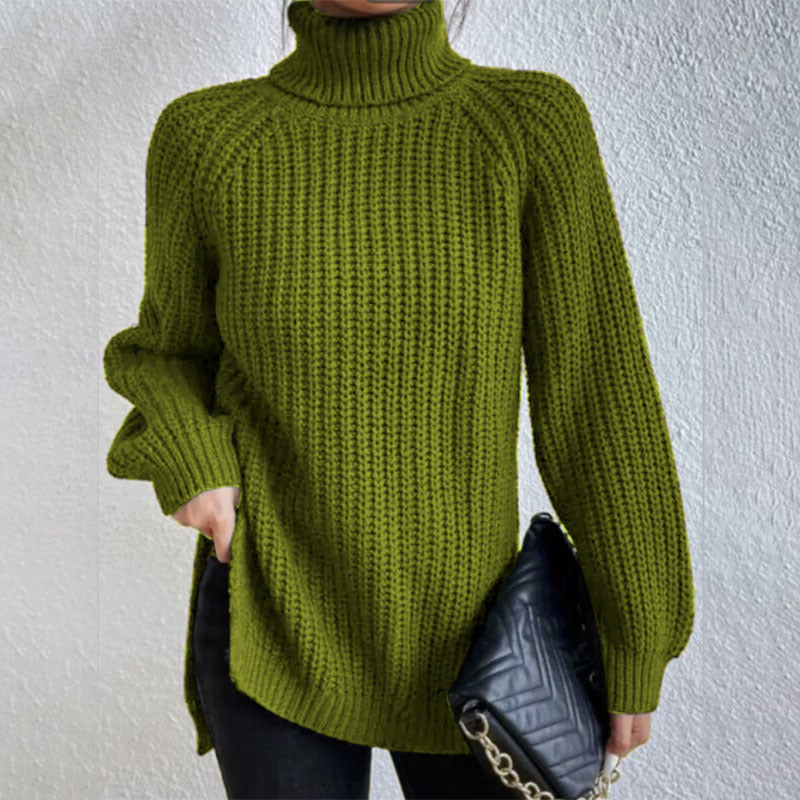 Suéter de cuello alto con diseño dividido color sólido y manga larga