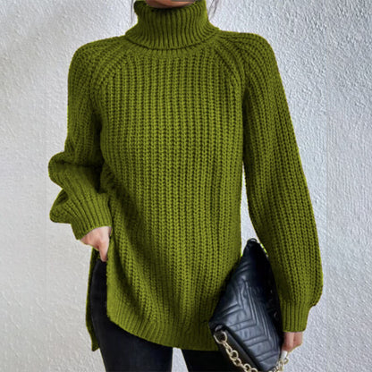 Suéter de cuello alto con diseño dividido color sólido y manga larga
