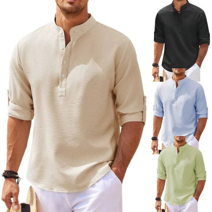 Men's Casual Summer Pineapple Textured Button-Down Stand-Up Collar Shirt
