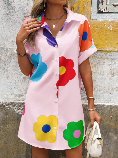 Casual short-sleeved floral print shirt dress