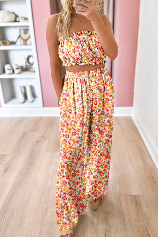 Conjunto rosa floral Boho y pantalones anchos de cintura alta