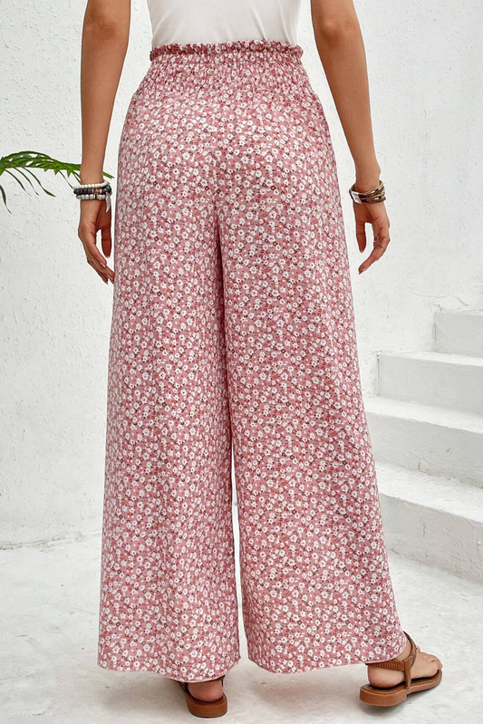 Pantalones de cintura alta con abertura y pierna ancha con estampado bohemio rosa