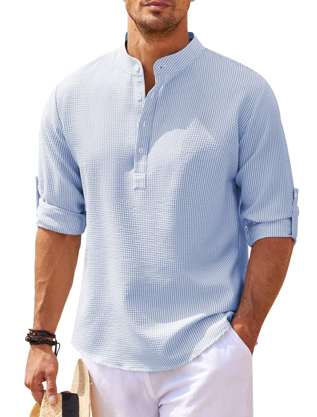 Men's Casual Summer Pineapple Textured Button-Down Stand-Up Collar Shirt