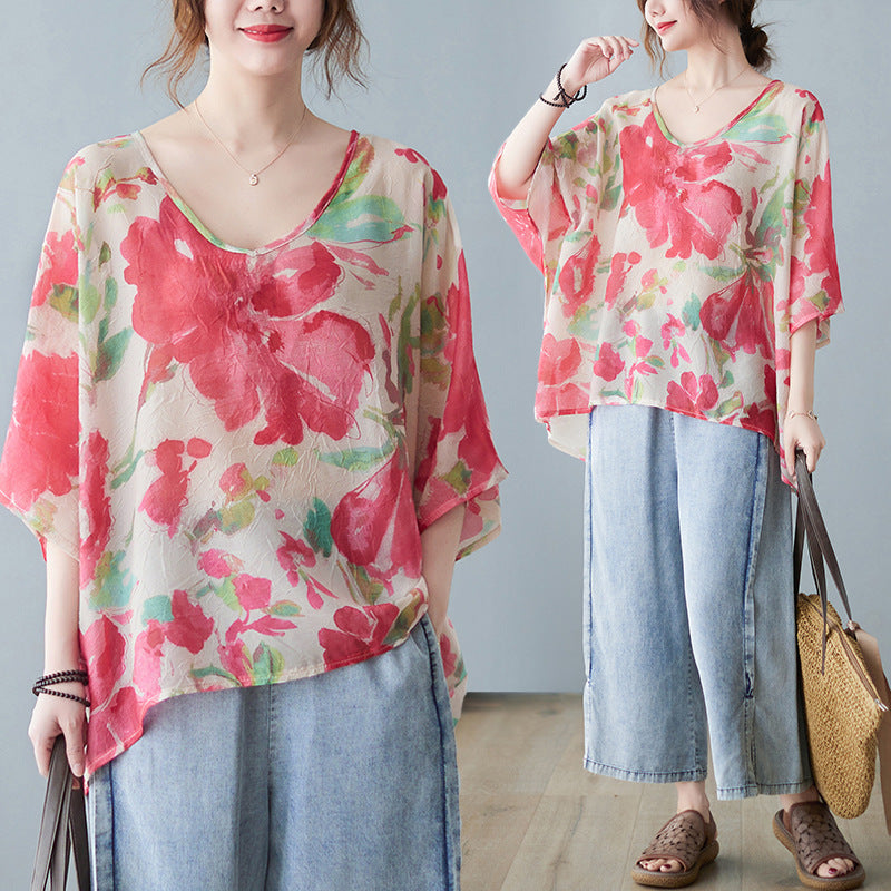 Camiseta holgada retro de manga corta con estampado floral