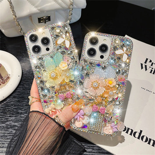 Funda para teléfono con lazo de flores y diamantes de imitación