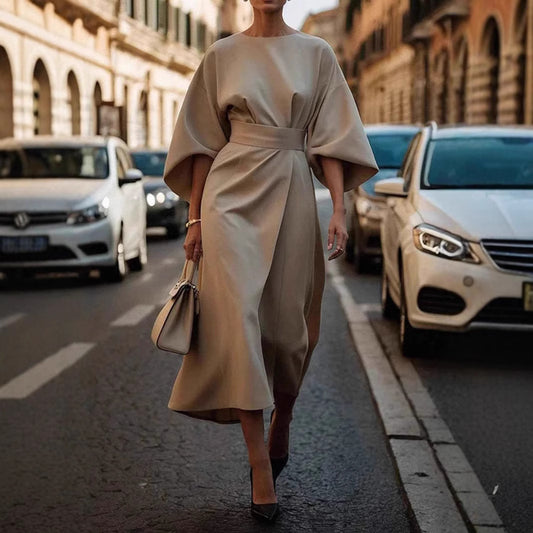 Vestido holgado con mangas de murciélago ajustado a la cintura color liso elegante para mujer
