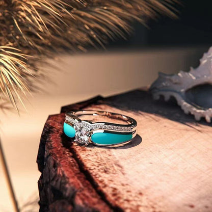 Anillo de mujer con dos piezas azules y diseño de ondas de diamantes