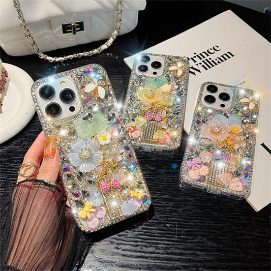 Funda para teléfono con lazo de flores y diamantes de imitación