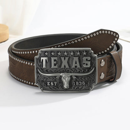 Simple Western Cowboy Belt with Cow Head Buckle and Retro American Relief