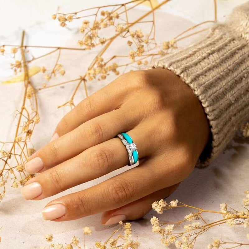Anillo de mujer con dos piezas azules y diseño de ondas de diamantes