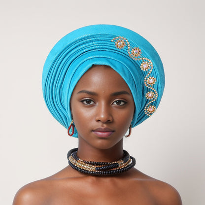 Turbante tiras laminadas de seda con brillantes